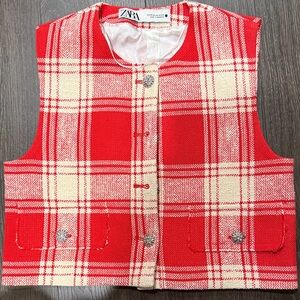 ZARA Red and Cream Plaid Kids Vest